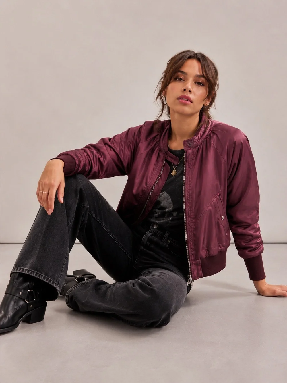 Free People Midnight Bomber Jacket In Wine Size Medium